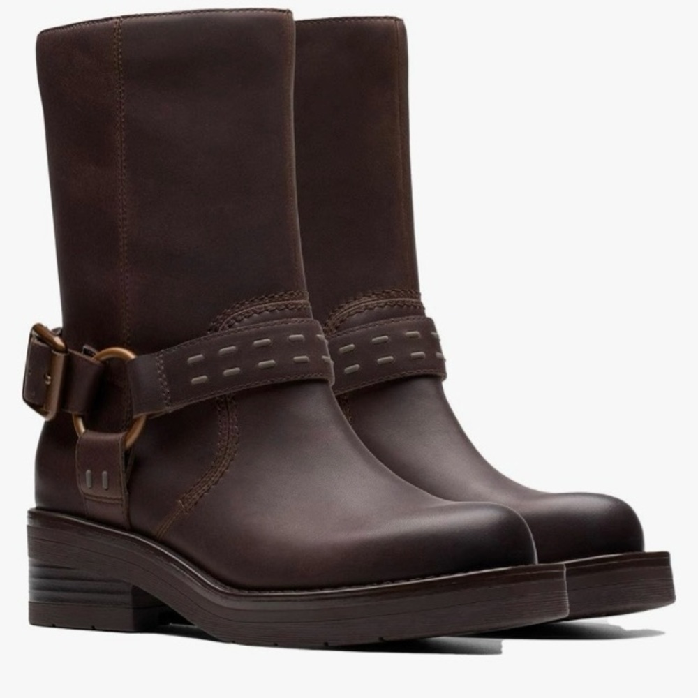 Clarks Rebelle Up Walnut Leather Combat/Moto Boots